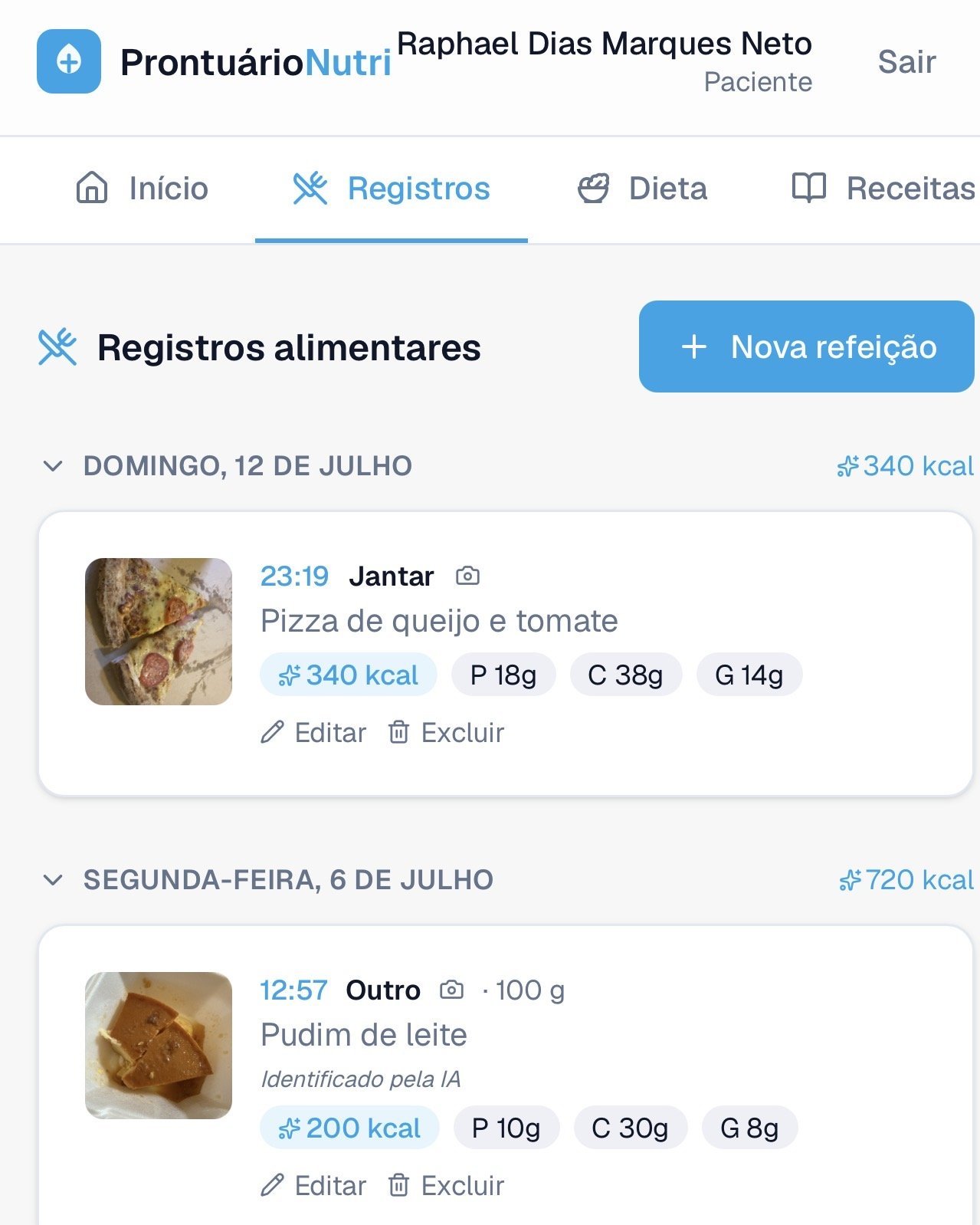Prontuário para nutricionistas — identificação de prato por IA