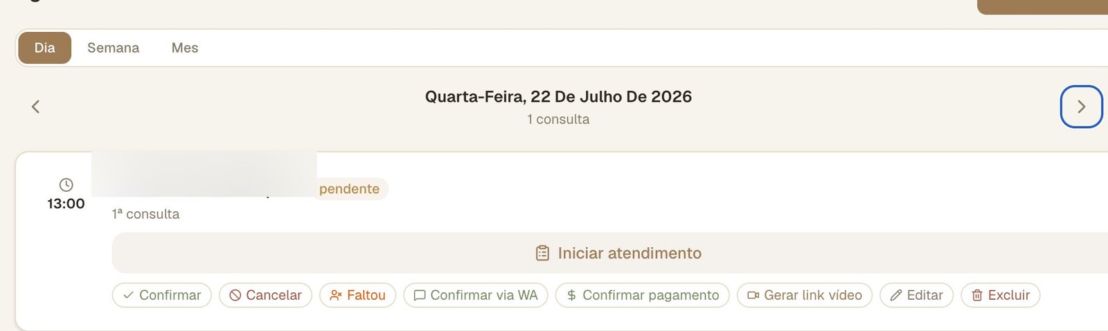 Prontuário para psicólogos — agenda de consultas (nome do paciente borrado por privacidade)