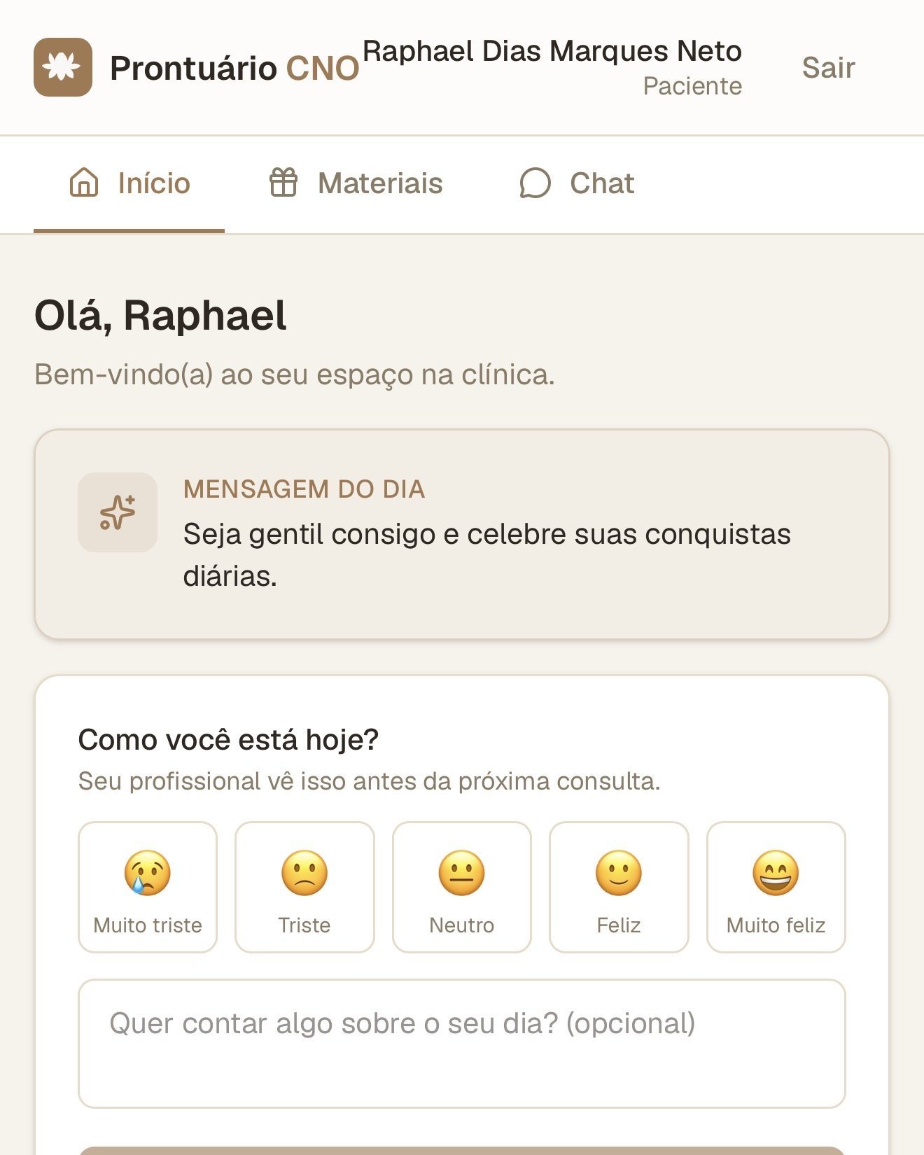 Prontuário para psicólogos — perfil do paciente com diário de humor